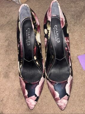 Charles By Charles David Black Floral Pointed-Toe Pumps with Pink Blooms
